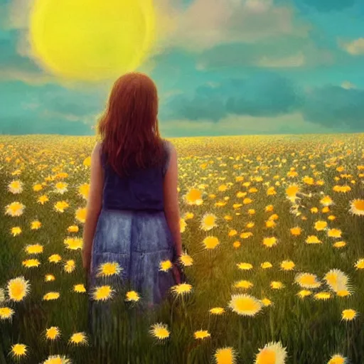 Image similar to head made of giant daisies, girl standing in a vast flower field, holding flowers, surreal photography, sunrise dramatic light, impressionist painting, colorful clouds, large sky, digital painting, artstation, simon stalenhag, flower face