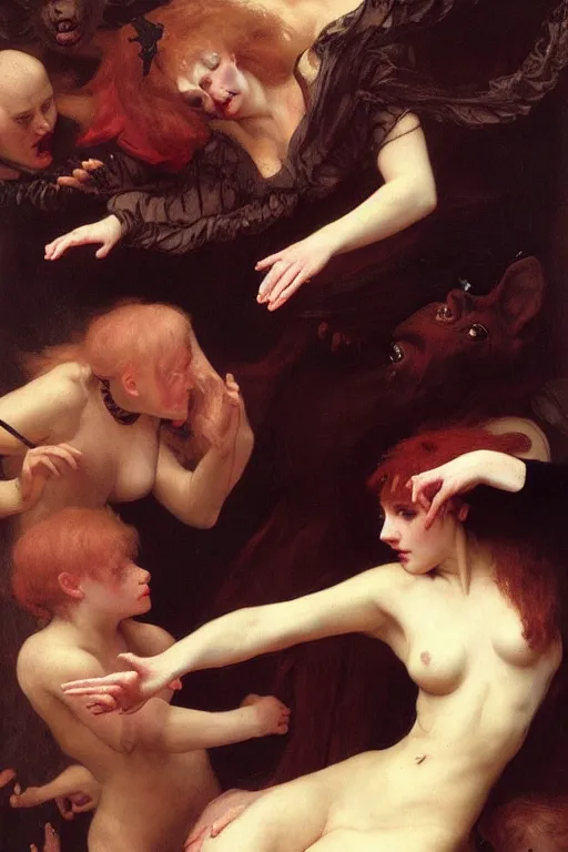 Image similar to a renaissance oil painting by alma tadema of demonic beautiful vampire woman running in fear from a group of gigantic cats, colourful pastel trending artstation, detailed portrait academic bouguereau caravaggio high shadow contrast medium shot