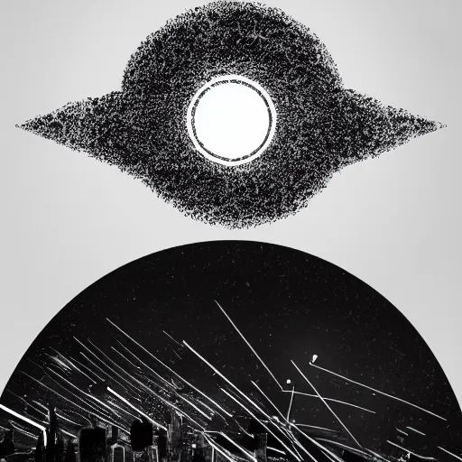 Image similar to logo black hole with accretion disk rises above the city destroying it with a shockwave, digital art, black and white, vector sticker, art by greg rutkowski, gonzalo fuenmayor, asher brown durand