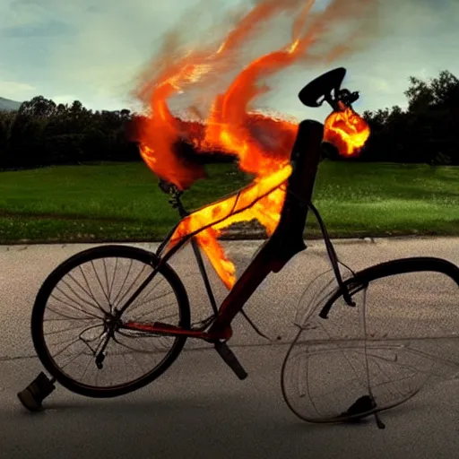 Image similar to a bicycle with a flamethrower, artistic photorealistic