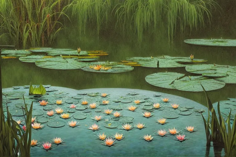 Prompt: pale teal rain beside pond with waterlilies, fantasy, intricate, elegant, dramatic lighting, emotionally evoking symbolic metaphor, highly detailed, lifelike, photorealistic, digital painting, artstation, concept art, smooth, sharp focus, illustration, art by John Collier and Albert Aublet and Krenz Cushart and Artem Demura and Alphonse Mucha