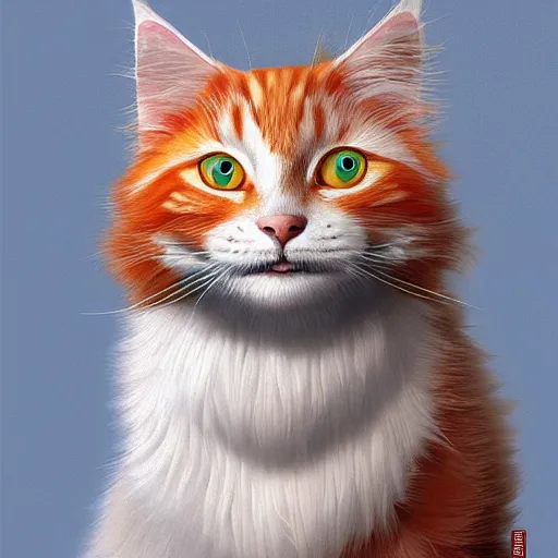 Image similar to orange norwegian forest cat, cuddly fur, pixar cute, blue eyes, highly detailed, sharp focus, digital painting, artwork by Victor Adame Minguez + Yuumei + Tom Lovell + Sandro Botticelli