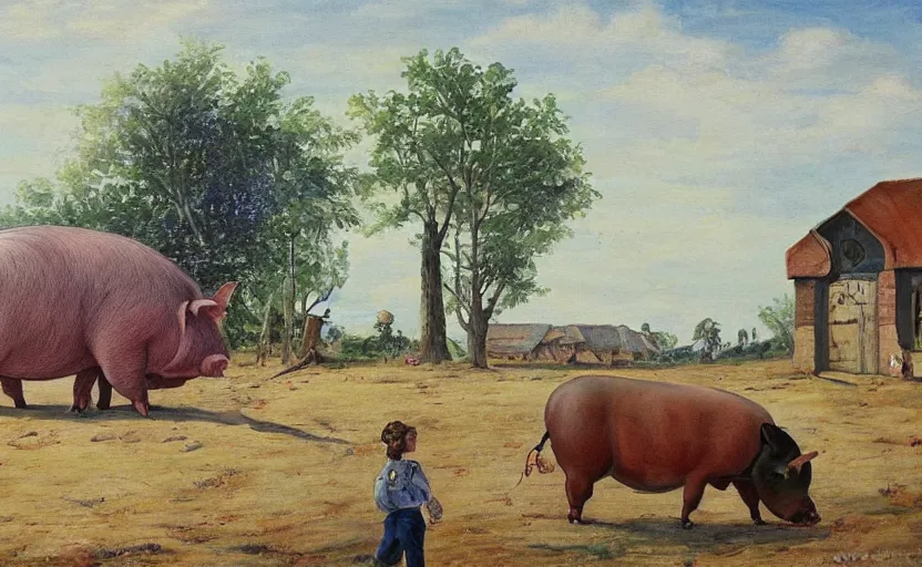 Image similar to painting of a huge pig walking over a village