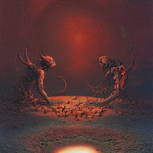 Image similar to two demons dance ballet in hell, surrounded by spheres!!!, beksinski, dariusz zawadzki, very coherent symmetrical artwork. cinematic, hyper realism, high detail, octane render, 8 k