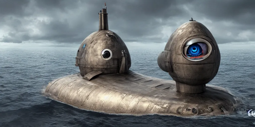 Prompt: highly detailed a submarine that slowly disappears underwater while a huge eye looks at it from above, this eye looks like a monster and lights up, 4 k, photorealistic, unreal 5