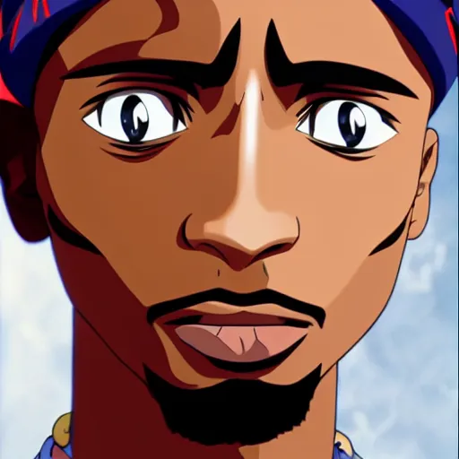 Image similar to Tupac Shakur, screenshot from a 2012s anime