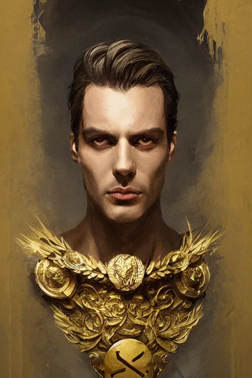 Image similar to a masculine elegant man from sideview with large shoulders and wearing golden laurel wreath, ethereal horror fantasy art by greg rutkowski and magali villanueve and monet con