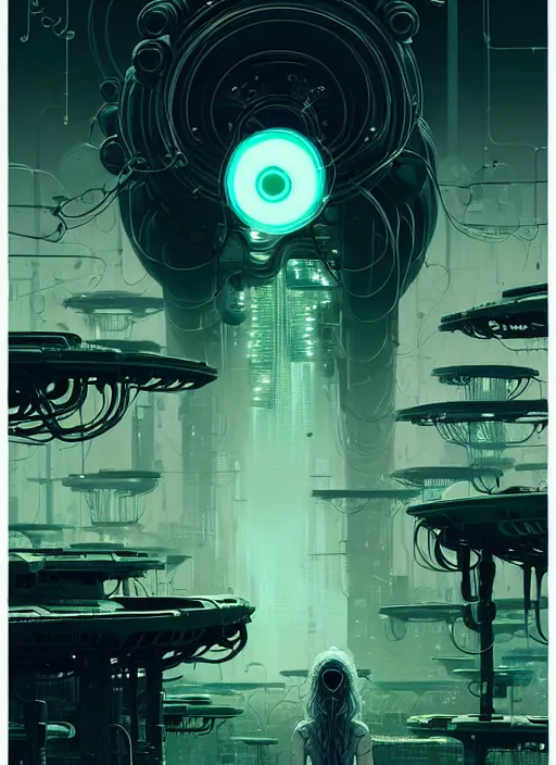 Image similar to highly detailed portrait of a biopunk long curly white hair tribal lady, stray wiring by atey ghailan, james gilleard, by joe fenton, by greg rutkowski, by greg tocchini, by kaethe butcher, 4 k resolution, gradient green, black and white color scheme!!! ( ( green irradiated robotic dystopian city background ) )