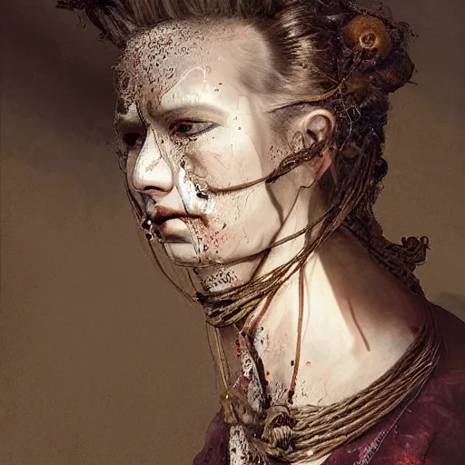 Image similar to portrait of a Shibari rope wrapped face and neck, headshot, insanely nice professional hair style, dramatic hair color, digital painting, of a old 18th century, Royal Emperor, amber jewels, baroque, Art Nouveaux, ornate clothing, scifi, realistic, hyper detailed, chiaroscuro, concept art, art by Franz Hals and Jon Foster and Ayami Kojima and Amano and Karol Bak,