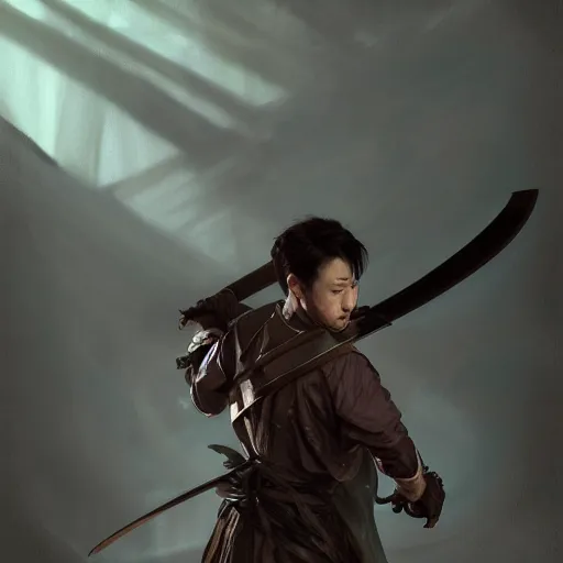 Image similar to a photorealistic dramatic fantasy render of a handsome man carrying a rough heavy sword over back and clasical japanese kimono by wlop, artgerm, greg rutkowski, alphonse mucha, beautiful dynamic dramatic dark moody lighting, shadows, cinematic atmosphere, artstation, concept design art, octane render, 8 k