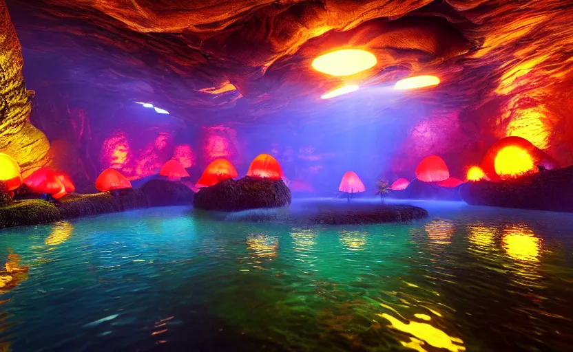 Prompt: a beautiful and stunning professional digital photo of a humongous glowing mushroom cave, haze, waterfall, volumetric lighting, hyperrealistic, red, yellow, green, blue, sunset, unreal engine 5, ultra detail