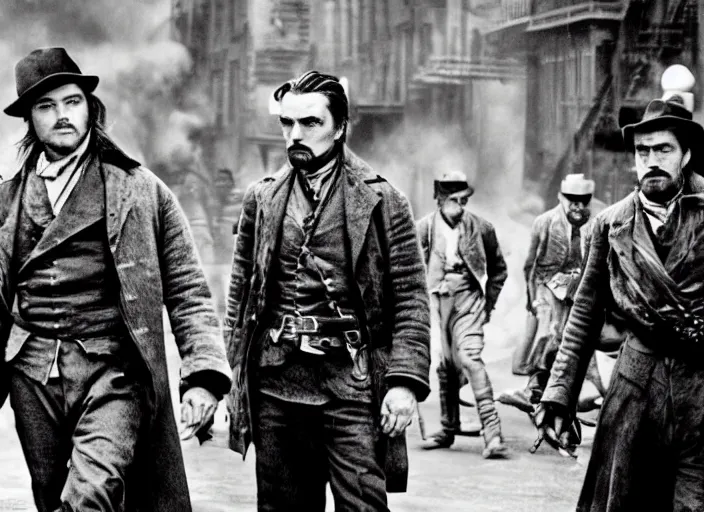 Image similar to an action scene from the movie gangs of new york, medium long shot, leonardo dicaprio and daniel day - lewis, sharp eyes, serious expressions, detailed and symmetric faces, black and white, cinematic, epic,