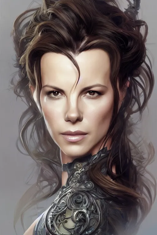 Image similar to portrait of a kate beckinsale, upper body, fantasy, intricate, elegant, highly detailed, digital painting, artstation, concept art, matte, sharp focus, illustration, art by Artgerm and Greg Rutkowski and Alphonse Mucha