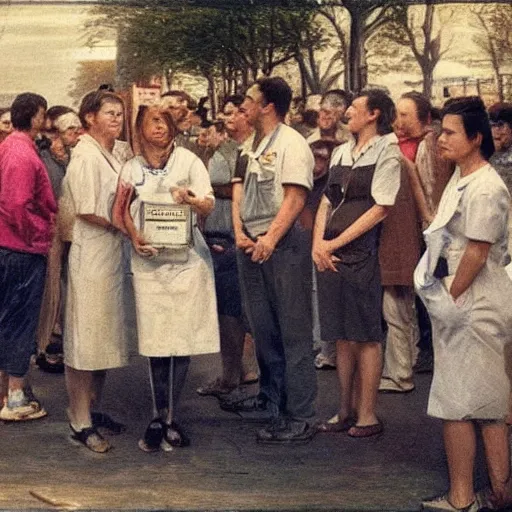 Image similar to Award-winning photograph of a nurse begging for a day off in front of her boss, a crowd is gathered around, 8k, ultra realistic