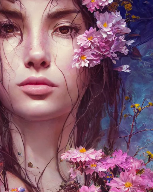 Prompt: portrait of riley reid, surrounded by flowers by karol bak, james jean, tom bagshaw, rococo, sharp focus, trending on artstation, cinematic lighting, hyper realism, octane render, 8 k, hyper detailed.