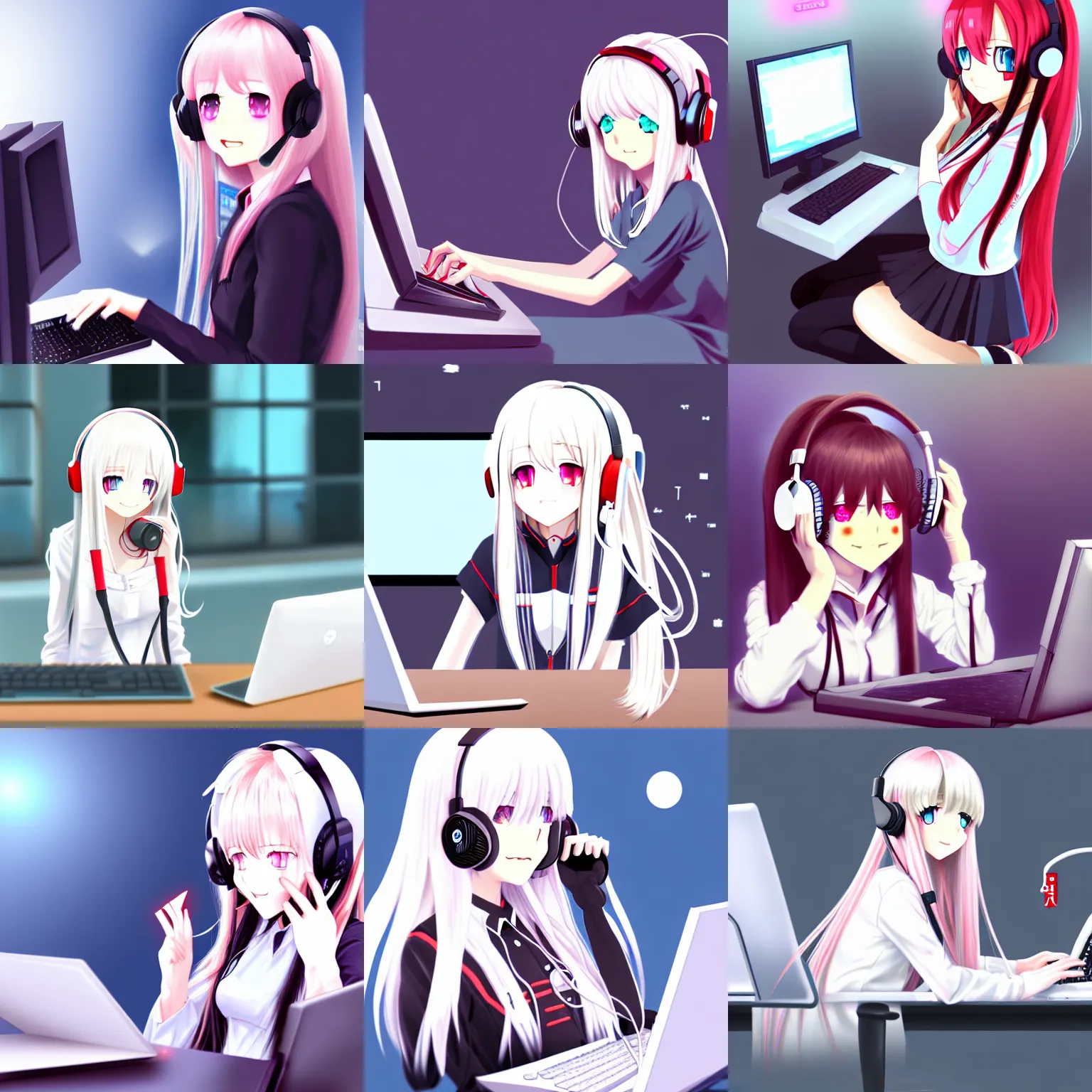 Prompt: white long haired red eyed young cute girl wearing headset playing computer game pixiv ranking, mika pikazo, anmi, yumei style