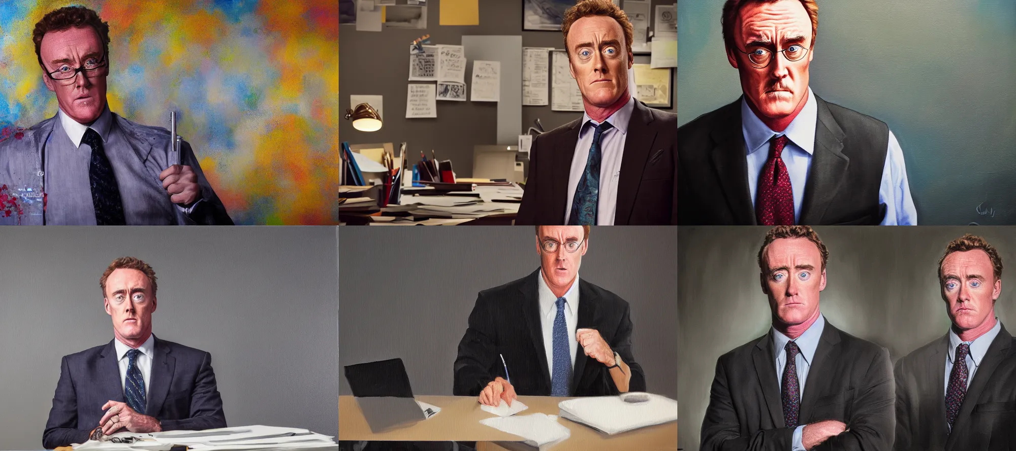 Prompt: oil on canvas painting, John C McGinley from Scrubs looking angry wearing a suit and working in an office, portrait photography, depth of field, bokeh, digital art