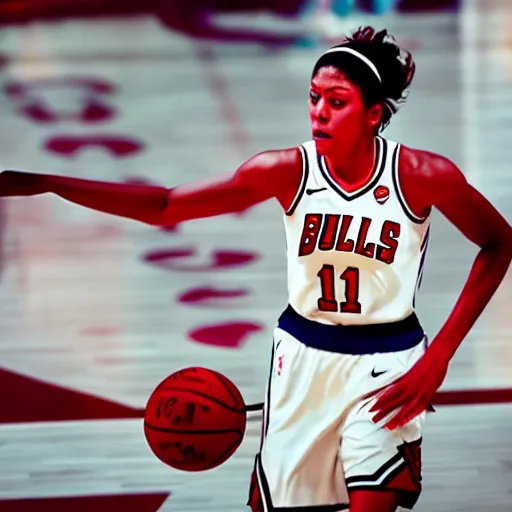 Image similar to candace parker in bulls jersey, high contrast, high saturation cinematic film still