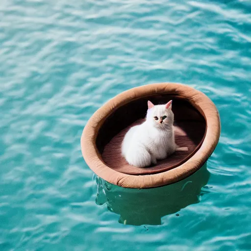 Image similar to a cat laying on an extremely tiny bed in the middle of the ocean, canon eos r 3, f / 1. 4, iso 2 0 0, 1 / 1 6 0 s, 8 k, raw, unedited, symmetrical balance, in - frame