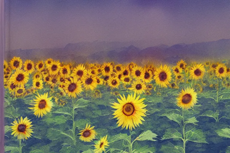 Image similar to fogged waterhill sunflowerfield watercolored sketches artstation album cover, 70's film photography gradient glow 8k