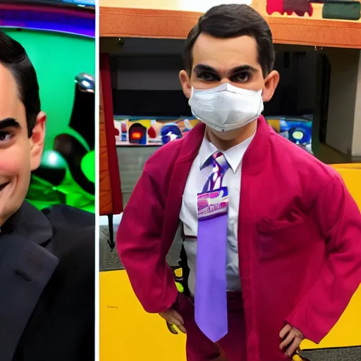 Image similar to ben shapiro in a chuck e cheese costume with the mask off