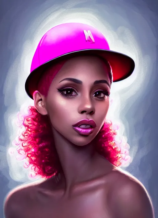 Image similar to portrait of young vanessa morgan with bright pink hair, black girl, vanessa morgan, curly pixie cut hair, wearing newsboy cap, newsboy cap, hoop earrings, intricate, elegant, glowing lights, highly detailed, digital painting, artstation, concept art, smooth, sharp focus, illustration, art by wlop, mars ravelo and greg rutkowski