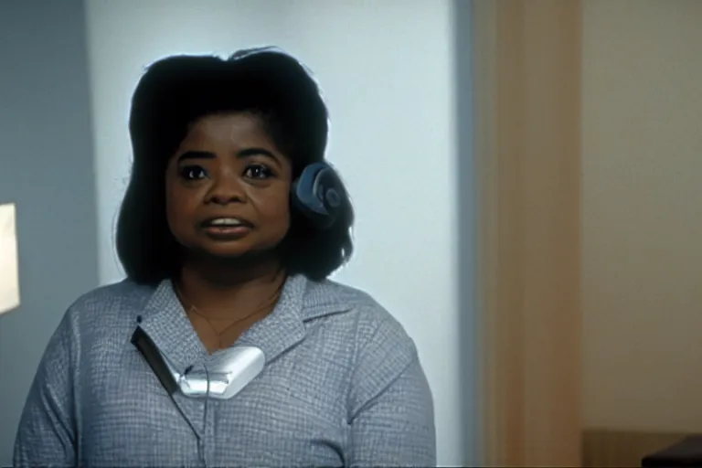 Prompt: cinematic shot from a 1 9 8 5 paranoid thriller, screenshot of octavia spencer removes a small hearing device with tweezers from her left ear, apartment set in the near future, film directed by stanley kubrick, anamorphic lenses, color theory, apartment design, leading lines, photorealistic, volumetric lighting