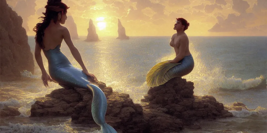 Prompt: ! dream long shot of big sun rough sea and jagged rocks with a beautiful mermaid sits on a rock surrouded by nets, plastic bottles, garbage, sand and sea, golden hour, fantasy, hyper realistic, art by artgerm and greg rutkowski and william - adolphe bouguereau