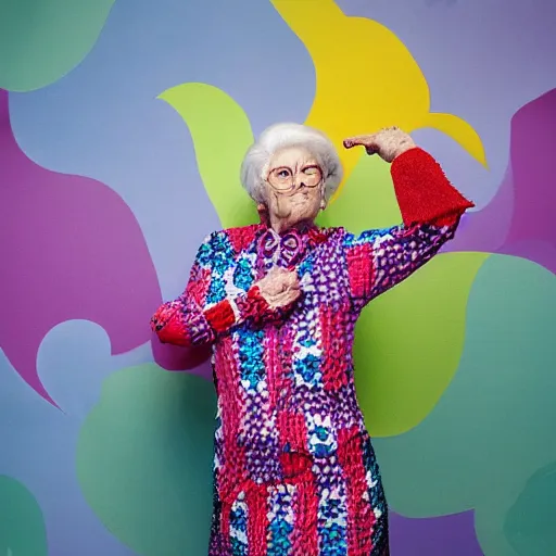 Prompt: an elderly woman dressed in extremely colorful clothes with many strange patterns posing for a high fashion photoshoot, haute couture