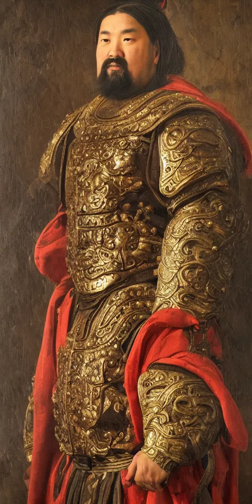 Image similar to Highly detailed and cinematic Renaissance period portrait oil painting Kublai Khan, an oil painting ((masterpiece)) by ((Josep Tapiró Baró)), dynamic lighting, 8K