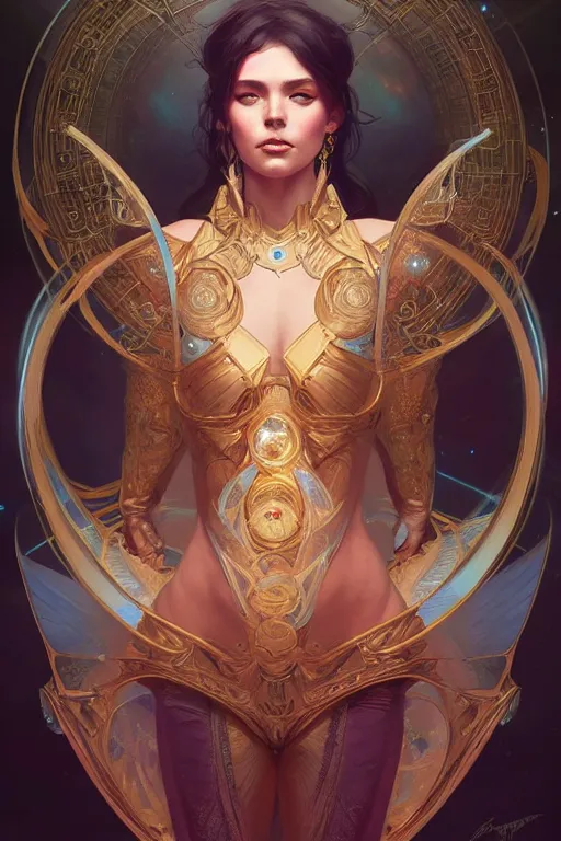 Prompt: epic portrait an space goddess, fantasy, elegant, intricate, full frontal shot, highly detailed, digital painting, artstation, concept art, sharp focus, illustration, art by artgerm and greg rutkowski and alphonse mucha