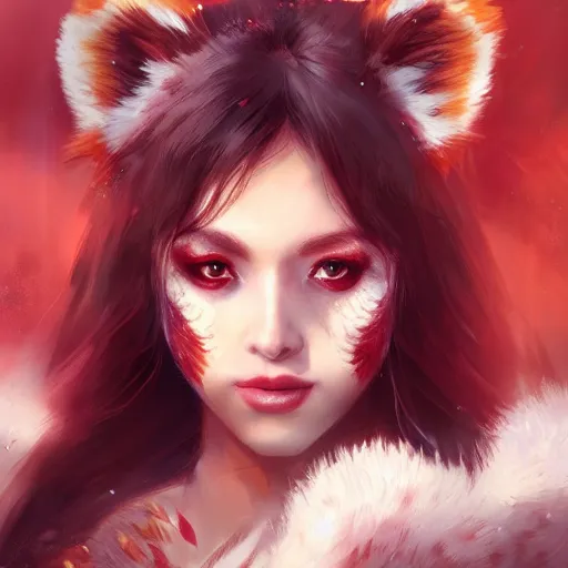 Image similar to a detailed image of a beautiful woman with red panda features, in professional makeup, by ross tran, greg rutkowski, 4 k