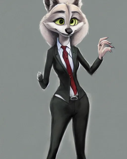 Prompt: full body oil painting of anthromorphic female wolf, in style of zootopia, female fursona, furry, furaffinity, 4 k, deviantart, furry art, fursona art, wearing black business suit, business suit, wolf fursona, female, very expressive detailed feminine face,