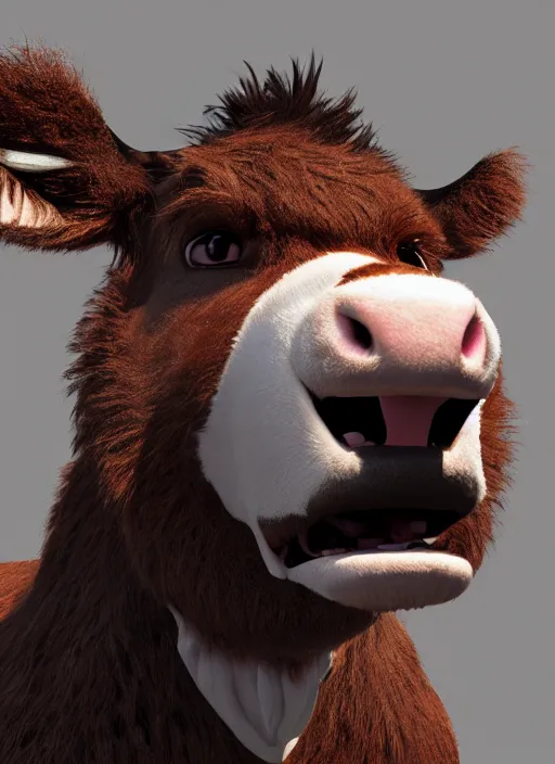 Image similar to an epic portrait of a furry cow showing his teeths, unreal 5, DAZ, hyper realistic, octane render, dynamic lighting