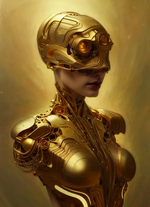 Image similar to organic cyborg, gold, diffuse lighting, fantasy, intricate, elegant, highly detailed, lifelike, photorealistic, digital painting, artstation, illustration, concept art, smooth, sharp focus, art by John Collier and Albert Aublet and Krenz Cushart and Artem Demura and Alphonse Mucha