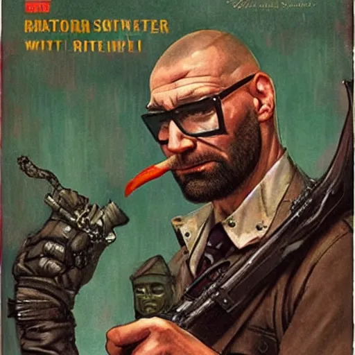 Prompt: dave bautista as sapper morton from blade runner is very proud of his tiny spectacles and boasts about them to a witch, painted by norman rockwell and tom lovell and frank schoonover