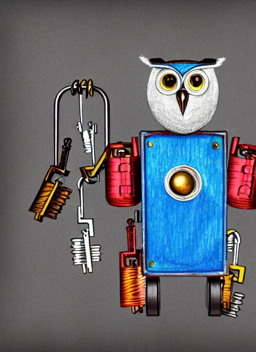 Image similar to colored pencil and pen drawing of an animatronic robot owl, bird made from rusty old keys and padlocks, 4 k photorender realityengine