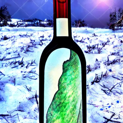 Image similar to wine bottle artistically buried in the snow, starry night sky