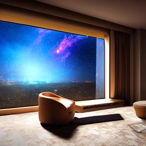 Prompt: wood room with a view of a nebula, modern architecture, cinematic, high quality, 8k