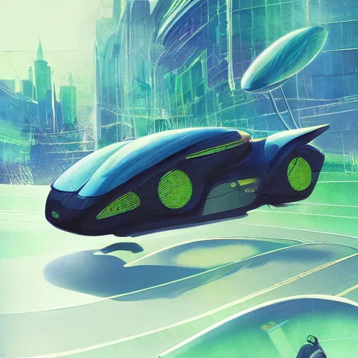 Image similar to solarpunk hovercar, clean energy, green technology, batoidea shape, airspace, sunny day, futurism, intricate, engines, glow, highly detailed, peaceful, utopia, bright, digital painting, artstation, concept art, smooth, sharp focus, epic landscape, art by akihiko yoshida and tim mcburnie and anato finnstark