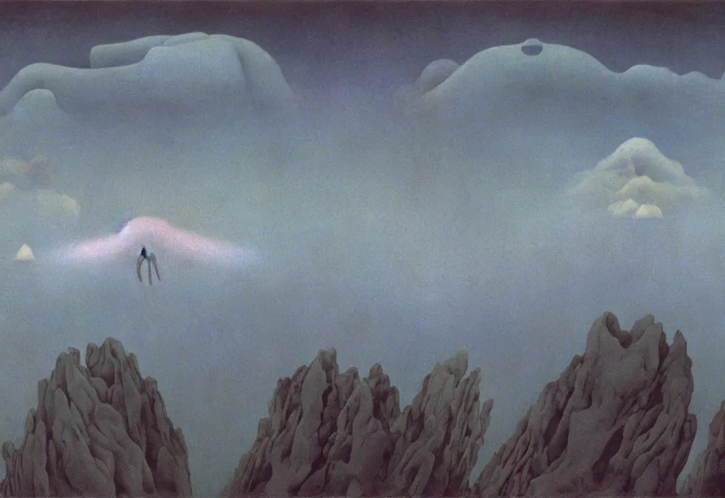 Prompt: shy mountain summit taking a peek through the clouds, fog, with curious eyes. joy of life happy flying creature devil dream mothership with petal wings. iridescence glowing. painting by yves tanguy, jean delville, rene magritte, max ernst, monet