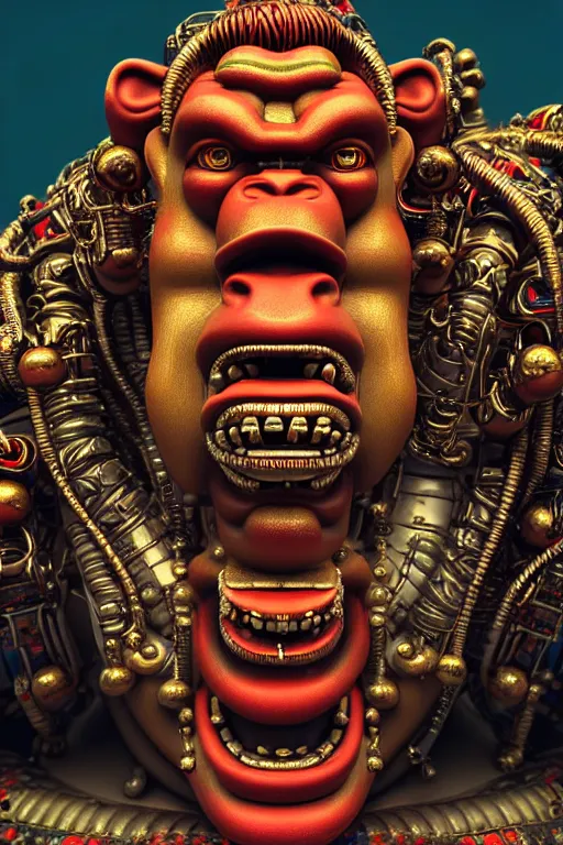 Image similar to high quality 3 d render post - rococo cyberpunk hanuman! head building, neon madhubani, open mouth, highly detailed, in sci - fi mumbai, cinematic smooth unreal engine, lee madgwick & liam wong, dramatic light, low angle, uhd 8 k, sharp focus