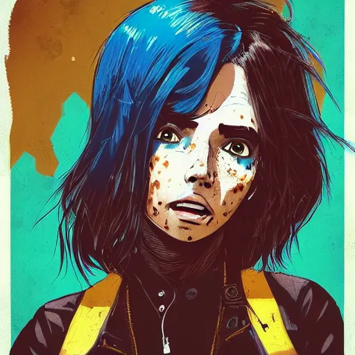 Image similar to Highly detailed portrait of a punk zombie latino young lady with freckles by Atey Ghailan, by Loish, by Bryan Lee O'Malley, by Cliff Chiang, inspired by iZombie, inspired by graphic novel cover art !!!electric blue, brown, black, yellow and white color scheme ((grafitti tag brick wall background))