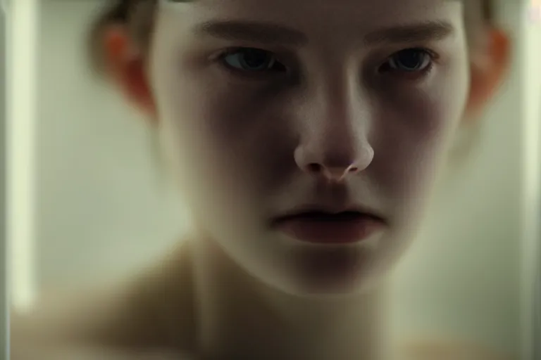 Image similar to an ultra realistic, cinematic, close up portrait, of a young woman, soft light, dreamy, facial features, stood in a cell, with prison clothing, detailed, deep focus, movie still, dramatic lighting, ray tracing, by michal karcz and yoshitaka and david cronenberg