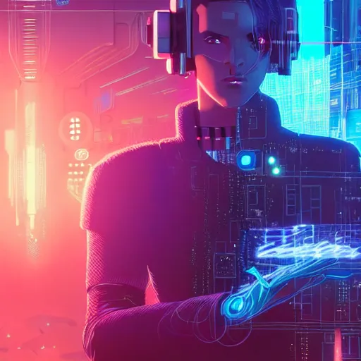 Image similar to a cyberpunk netrunner surrounded by a glowing computer interface, centered in the frame, cyberpunk concept art by Jean Giraud and josan gonzales, digital art, highly detailed, intricate, sci-fi, sharp focus, Trending on Artstation HQ, deviantart, 4K UHD image