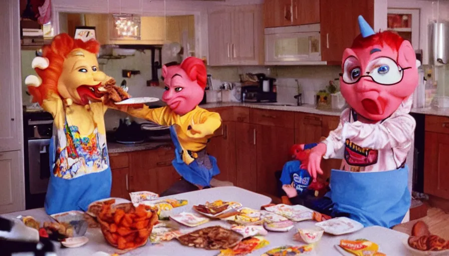 Image similar to 1 9 9 0 s candid 3 5 mm photo of a beautiful day in the family kitchen, cinematic lighting, cinematic look, golden hour, an absurd costumed mascot from the jimbles the super pony show is eating all of the kids cereal, the kids are hungry and the mascot is eating all of their food, uhd