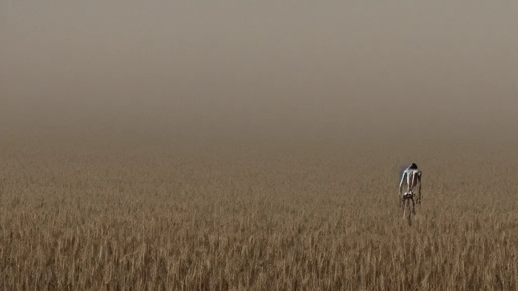 Prompt: a skeleton standing in a stomry, foggy wheat field, in the style of andrew wyeth, fine details