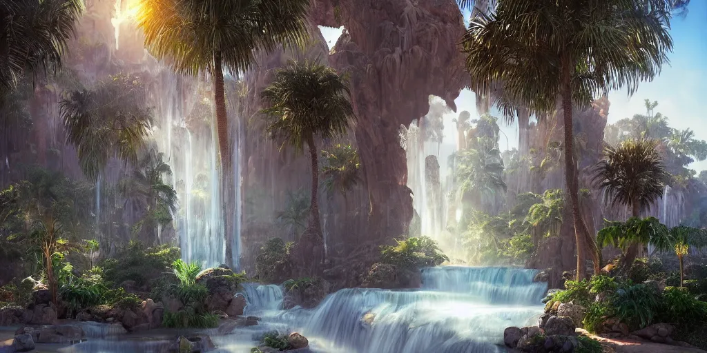 Image similar to beautiful oasis waterfalls surrounded by palm trees, moroccan tile archways, date trees, ivory towers, sun setting, ross tran, nephilim, pyroclastic flow, ethereal, fantasy, james jean, oozium, peter morbacher angelarium alchemy luxury heavenly light soft illumination, trending on artstation, cinematic lighting, digital painting, octane render, artgerm