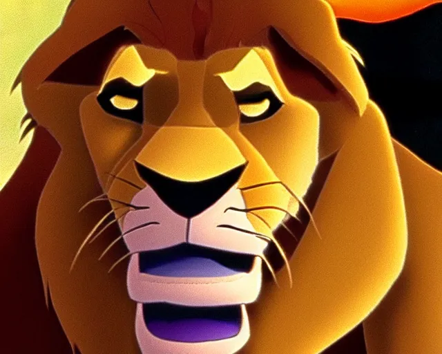 Prompt: scar from the lion king, still, animated movie, disney 1 9 9 0, film