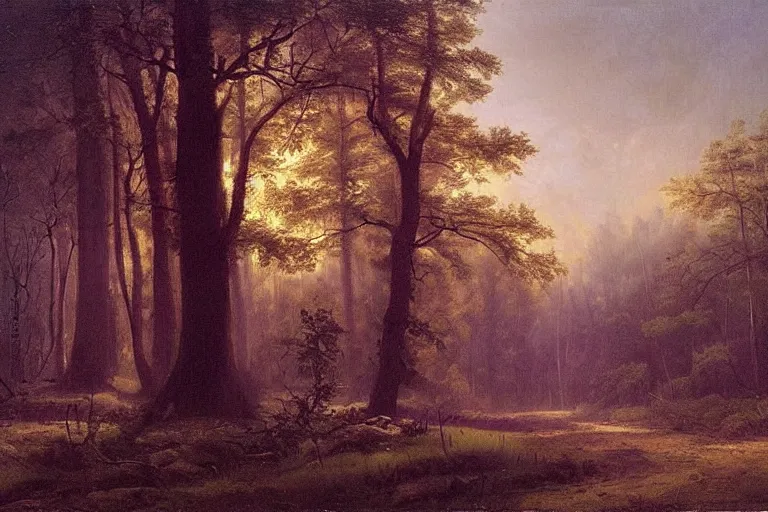 Image similar to dark and spooky painting of a forest dimly lit at night with purple morning glory flowers trailing on the ground at the base of trees. muted colour palette, detailed oil painting by asher brown durand